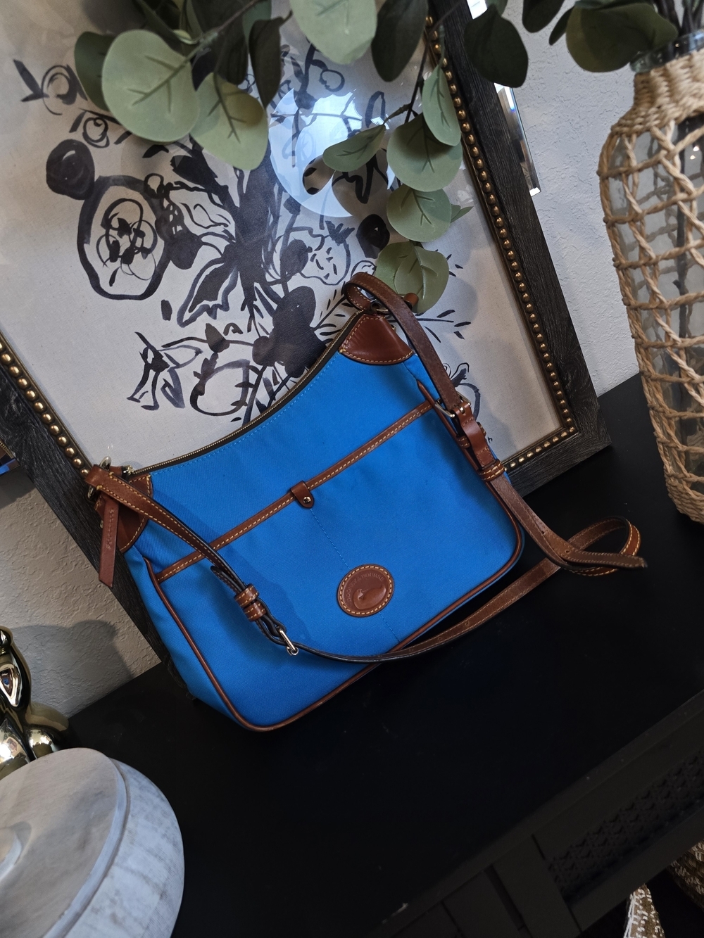 Dooney & Bourke Bright Blue Crossbody with Brown Leather Trim